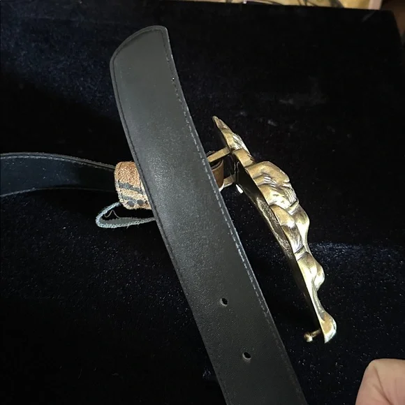 Vintage Brown Leopard Leather Belt w/ Brass Horse Buckle